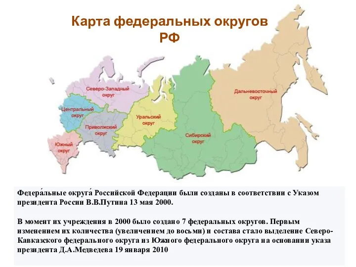 Карта федеральных округов РФ Федера́льные округа́ Российской Федерации были созданы в соответствии с