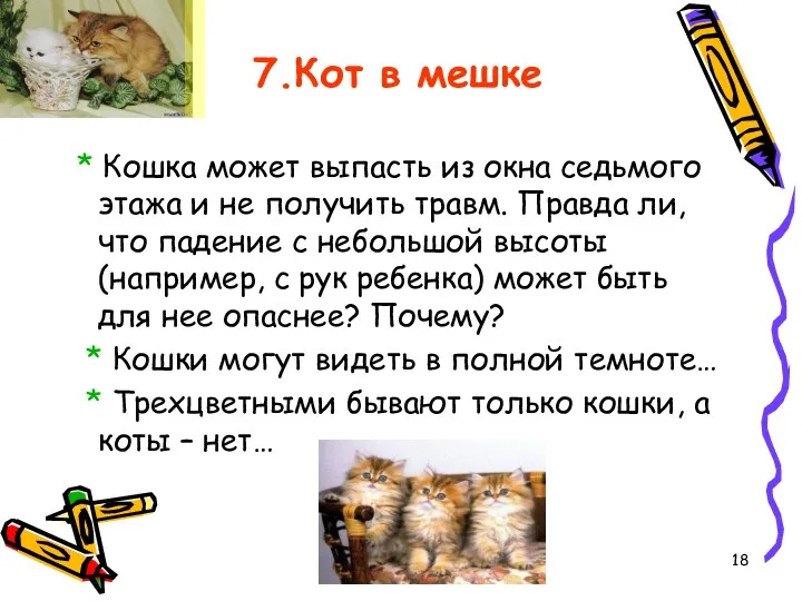 7.Кот в мешке * Кошка может выпасть из окна седьмого этажа и не