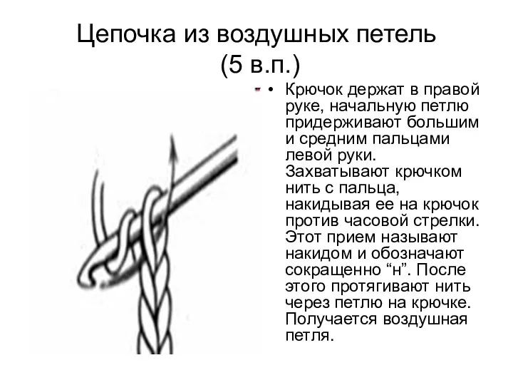 Цепочка из воздушных петель (5 в.п.) Крючок держат в правой руке, начальную петлю