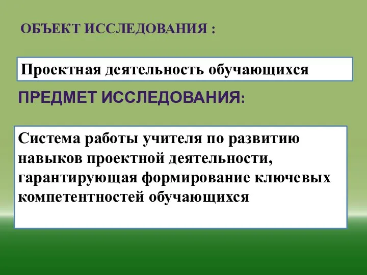 Объект исследования : Предмет исследования: Проектная деятельность обучающихся Система работы