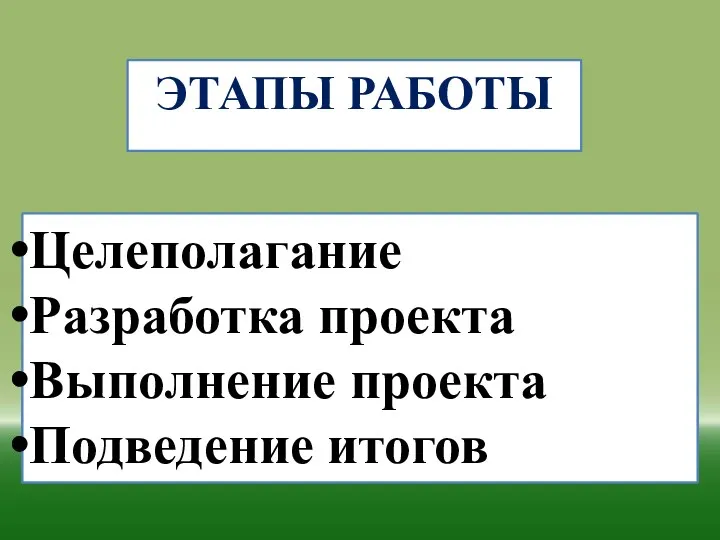 этапы работы Целеполагание Разработка проекта Выполнение проекта Подведение итогов