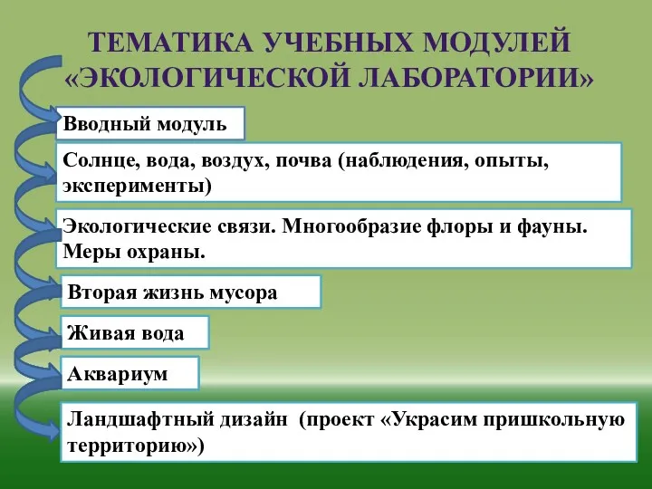 Тематика учебных модулей «Экологической лаборатории» Вводный модуль Солнце, вода, воздух,