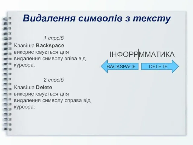 Видалення символів з тексту 1 спосіб Клавіша Backspace використовується для