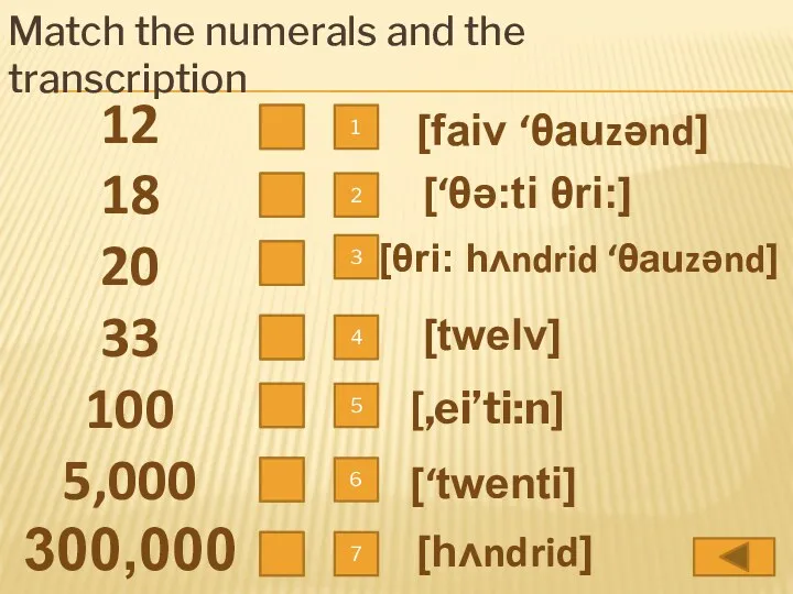 Match the numerals and the transcription 12 18 20 33