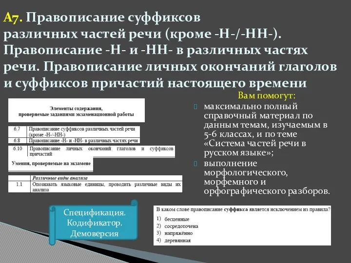 А7. Правописание суффиксов различных частей речи (кроме -Н-/-НН-). Правописание -Н-