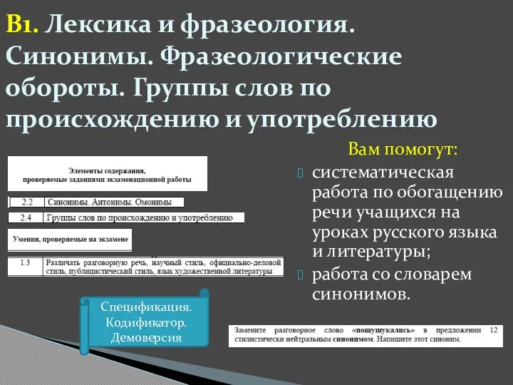 В1. Лексика и фразеология. Синонимы. Фразеологические обороты. Группы слов по