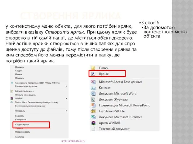 СТВОРЕННЯ ЯРЛИКА urok-informatiku.ru 3 спосіб За допомогою контекстного меню об’єкта