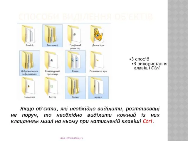 СПОСОБИ ВИДІЛЕННЯ ОБ'ЄКТІВ urok-informatiku.ru Якщо об'єкти, які необхідно виділити, розташовані