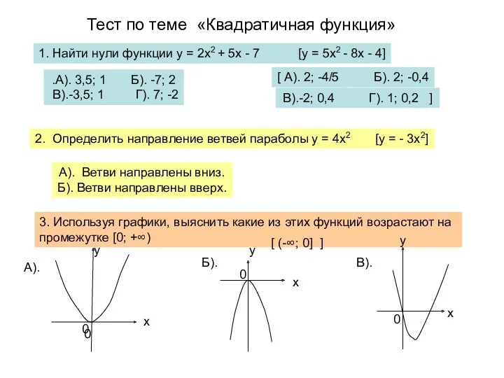 Тест по теме «Квадратичная функция» 1. Найти нули функции у
