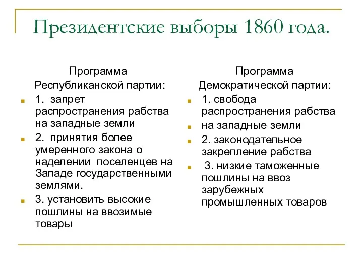 Президентские выборы 1860 года. Программа Республиканской партии: 1. запрет распространения