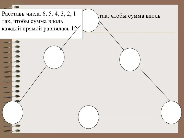 Расставь числа 6, 5, 4, 3, 2, 1 так, чтобы сумма вдоль каждой прямой равнялась 12.