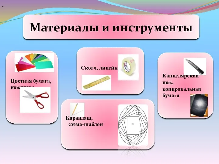 Материалы и инструменты Цветная бумага, ножницы Скотч, линейка Карандаш, схема-шаблон Канцелярский нож, копировальная бумага .