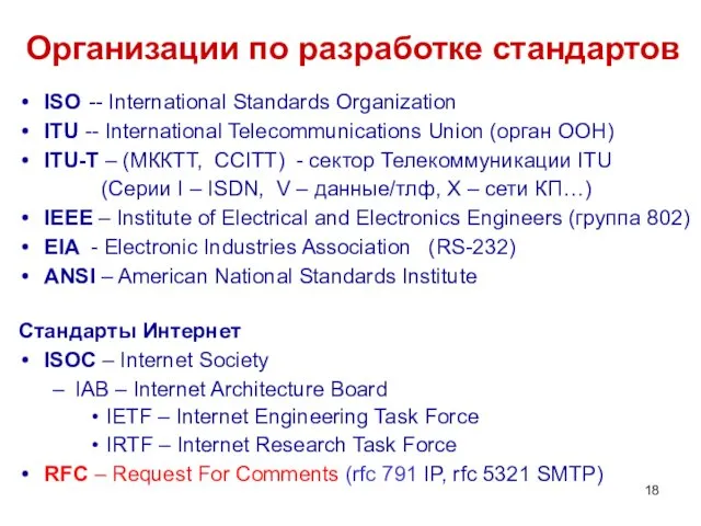 Организации по разработке стандартов ISO -- International Standards Organization ITU