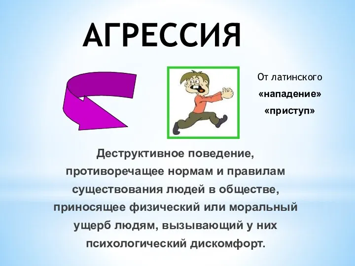 АГРЕССИЯ Деструктивное поведение, противоречащее нормам и правилам существования людей в