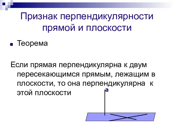 Признак перпендикулярности прямой и плоскости Теорема Если прямая перпендикулярна к двум пересекающимся прямым,