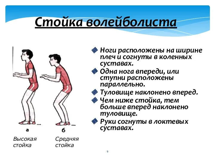 Стойка волейболиста Ноги расположены на ширине плеч и согнуты в