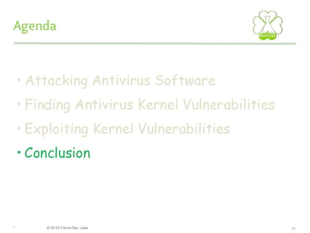 * Agenda Attacking Antivirus Software Finding Antivirus Kernel Vulnerabilities Exploiting Kernel Vulnerabilities Conclusion