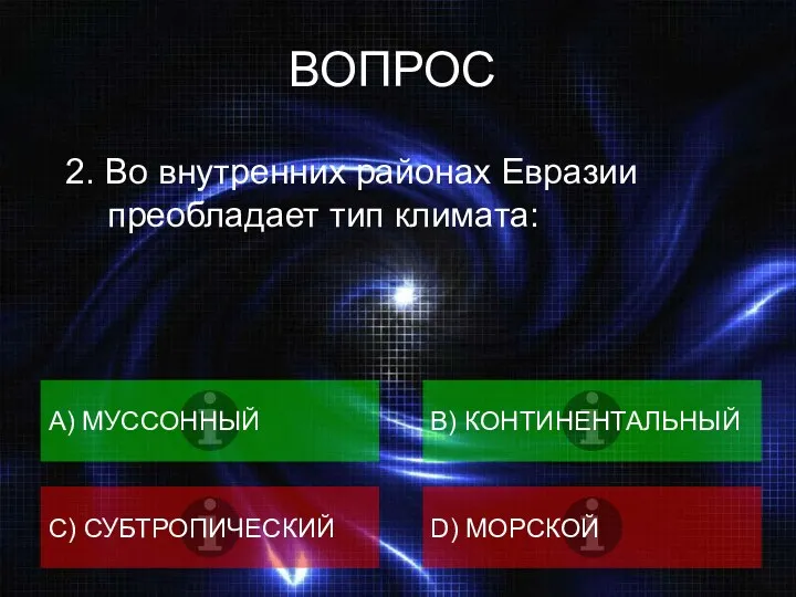 ВОПРОС 2. Во внутренних районах Евразии преобладает тип климата: А)