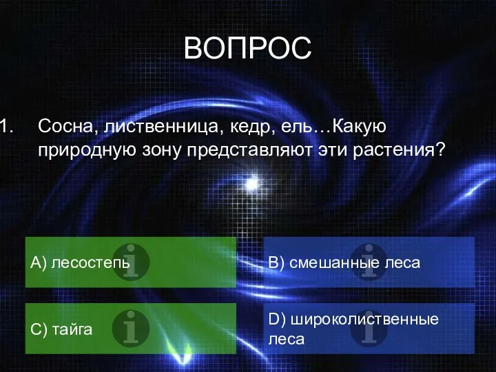 ВОПРОС Сосна, лиственница, кедр, ель…Какую природную зону представляют эти растения?