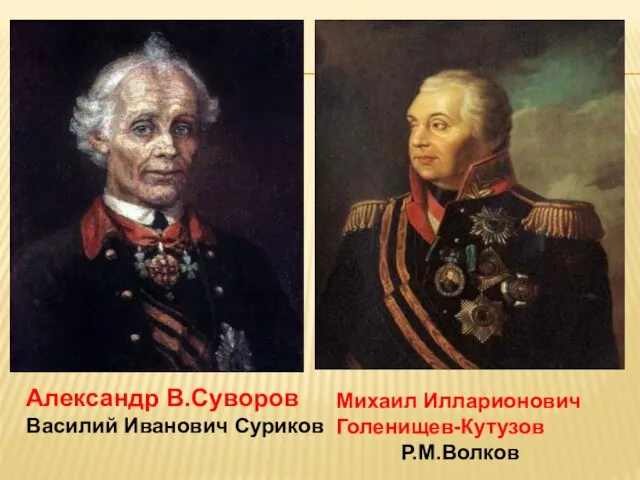 Александр В.Суворов Василий Иванович Суриков Михаил Илларионович Голенищев-Кутузов Р.М.Волков