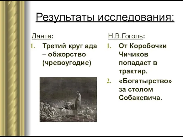 Результаты исследования: Данте: Третий круг ада – обжорство (чревоугодие) Н.В.Гоголь: