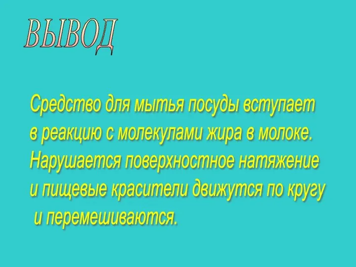 ВЫВОД Средство для мытья посуды вступает в реакцию с молекулами