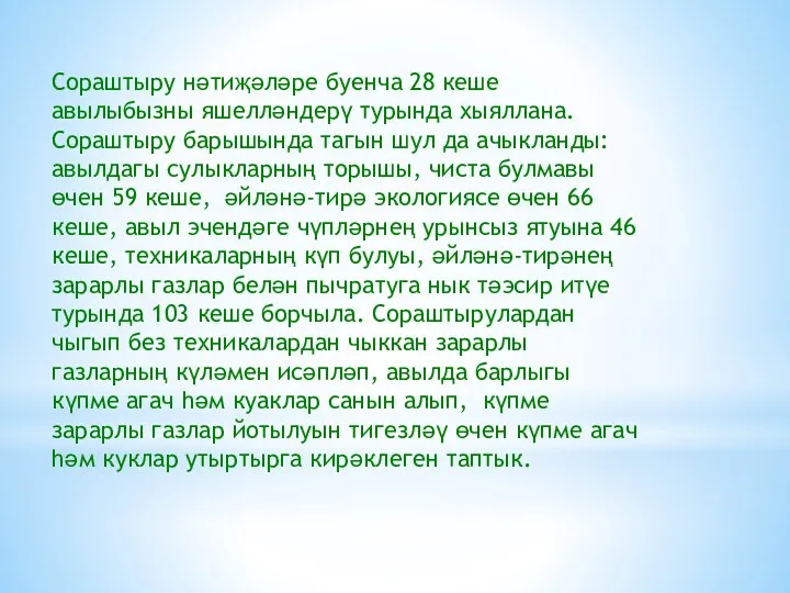 Сораштыру нәтиҗәләре буенча 28 кеше авылыбызны яшелләндерү турында хыяллана. Сораштыру