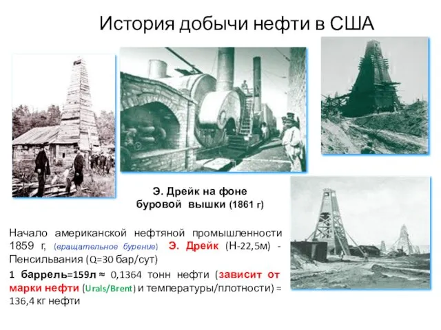 История добычи нефти в США Э. Дрейк на фоне буровой