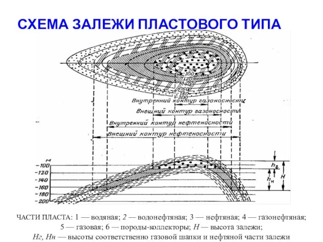 СХЕМА ЗАЛЕЖИ ПЛАСТОВОГО ТИПА ЧАСТИ ПЛАСТА: 1 — водяная; 2