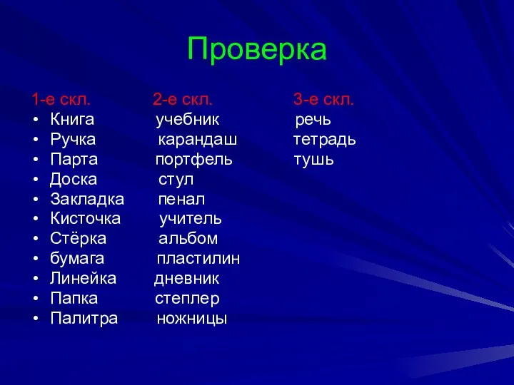 Проверка 1-е скл. 2-е скл. 3-е скл. Книга учебник речь