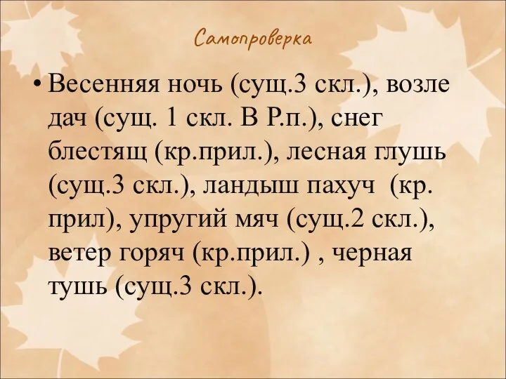 Самопроверка Весенняя ночь (сущ.3 скл.), возле дач (сущ. 1 скл.