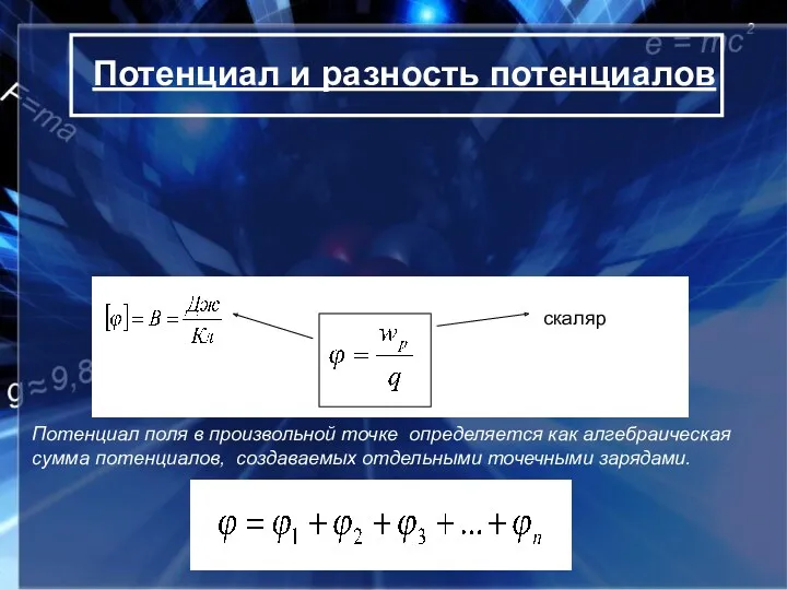 Потенциал и разность потенциалов скаляр Потенциал поля в произвольной точке