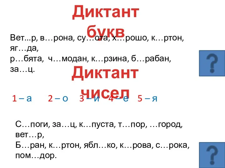 Диктант букв Вет...р, в…рона, су…ота, х…рошо, к…ртон, яг…да, р…бята, ч…модан,