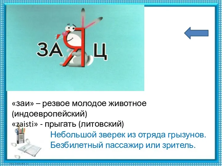 «заи» – резвое молодое животное(индоевропейский) «zaisti» - прыгать (литовский) Небольшой