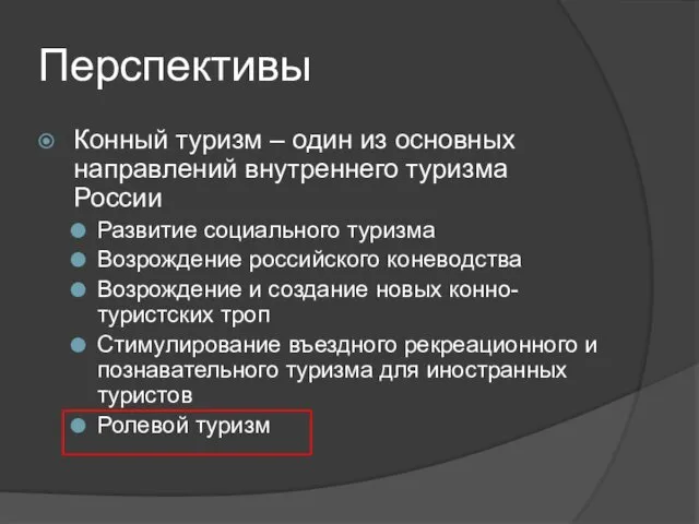 Перспективы Конный туризм – один из основных направлений внутреннего туризма