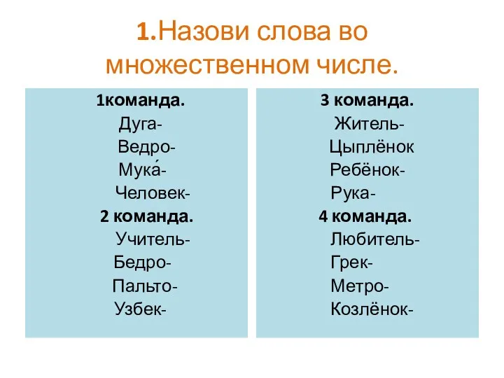 1.Назови слова во множественном числе. 1команда. Дуга- Ведро- Мука́- Человек-