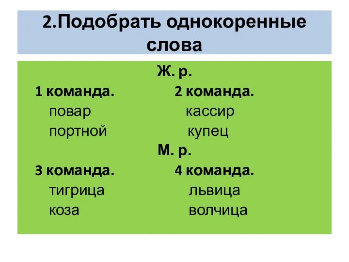 2.Подобрать однокоренные слова Ж. р. 1 команда. 2 команда. повар