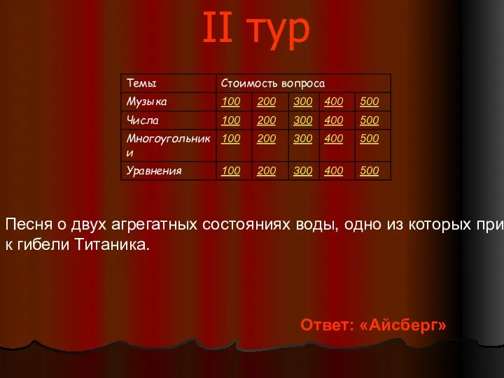 II тур Песня о двух агрегатных состояниях воды, одно из