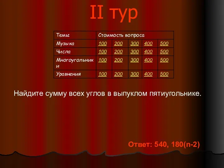 II тур Найдите сумму всех углов в выпуклом пятиугольнике. Ответ: 540, 180(n-2)