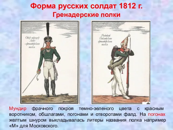 Форма русских солдат 1812 г. Гренадерские полки Мундир фрачного покроя темно-зеленого цвета с