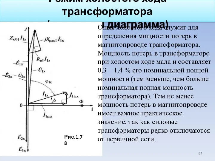 Режим холостого хода трансформатора (векторная диаграмма) Опыт холостого хода служит для определения мощности