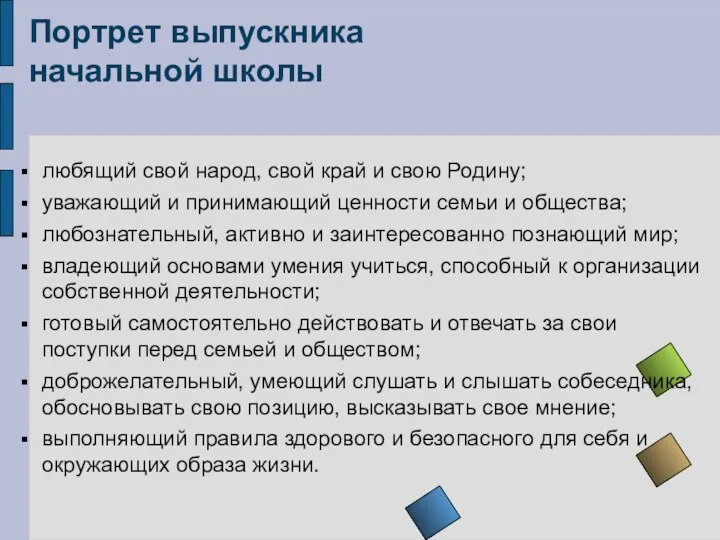 Портрет выпускника начальной школы любящий свой народ, свой край и свою Родину; уважающий