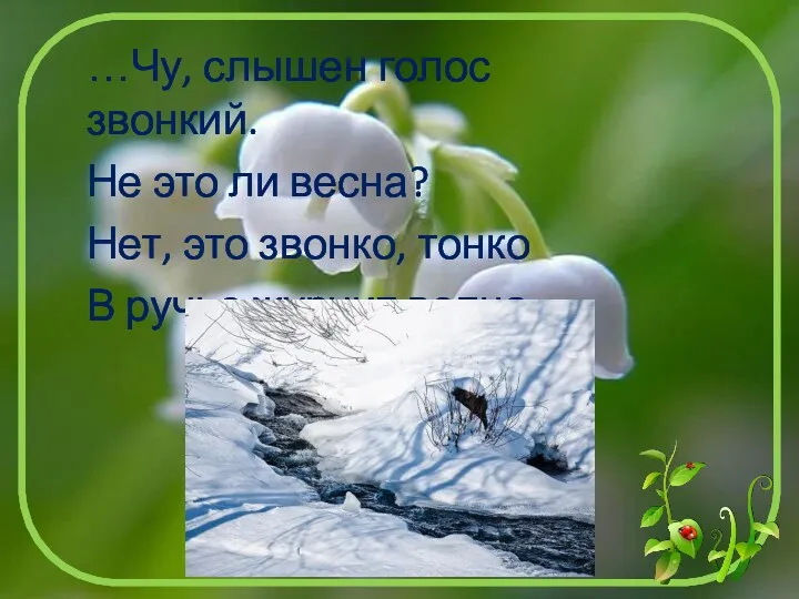 …Чу, слышен голос звонкий. Не это ли весна? Нет, это звонко, тонко В ручье журчит волна…