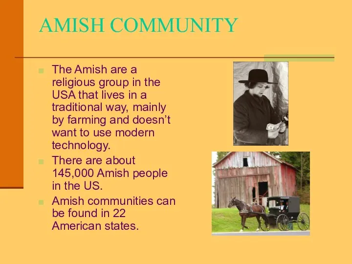 AMISH COMMUNITY The Amish are a religious group in the