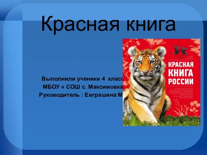 Красная книга Выполнили ученики 4 класса МБОУ « СОШ с. Максимовка» Руководитель : Евграшина М.В.