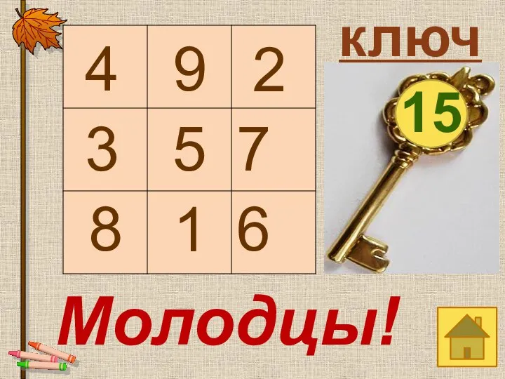 ключ 9 2 5 8 7 15 4 3 1 6 Молодцы!