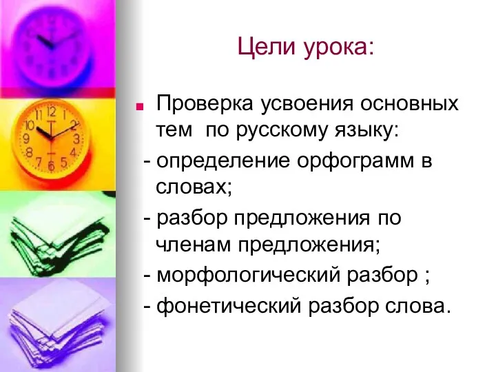 Цели урока: Проверка усвоения основных тем по русскому языку: -