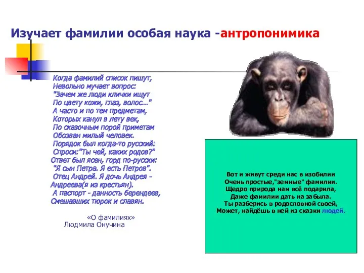 Изучает фамилии особая наука -антропонимика Когда фамилий список пишут, Невольно