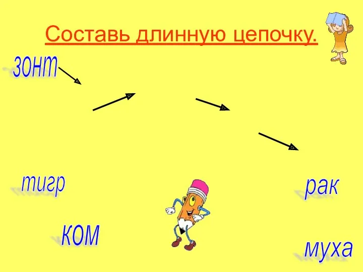 Составь длинную цепочку. зонт тигр рак ком муха