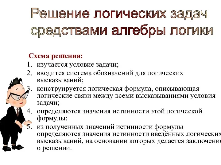 Решение логических задач средствами алгебры логики Схема решения: изучается условие